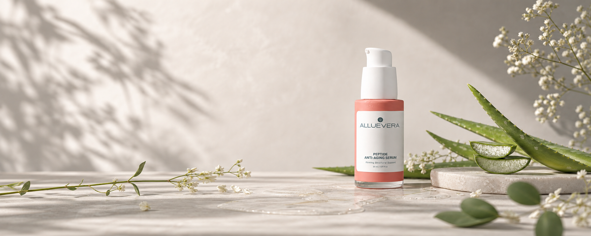 Alluevera Peptide Anti-Aging Serum on a light stone surface in soft natural light.