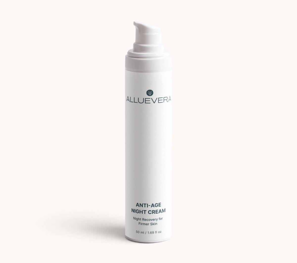A white cylindrical pump bottle of Alluevera Anti-Age Night Cream with a white cap, set against a solid off-white background.