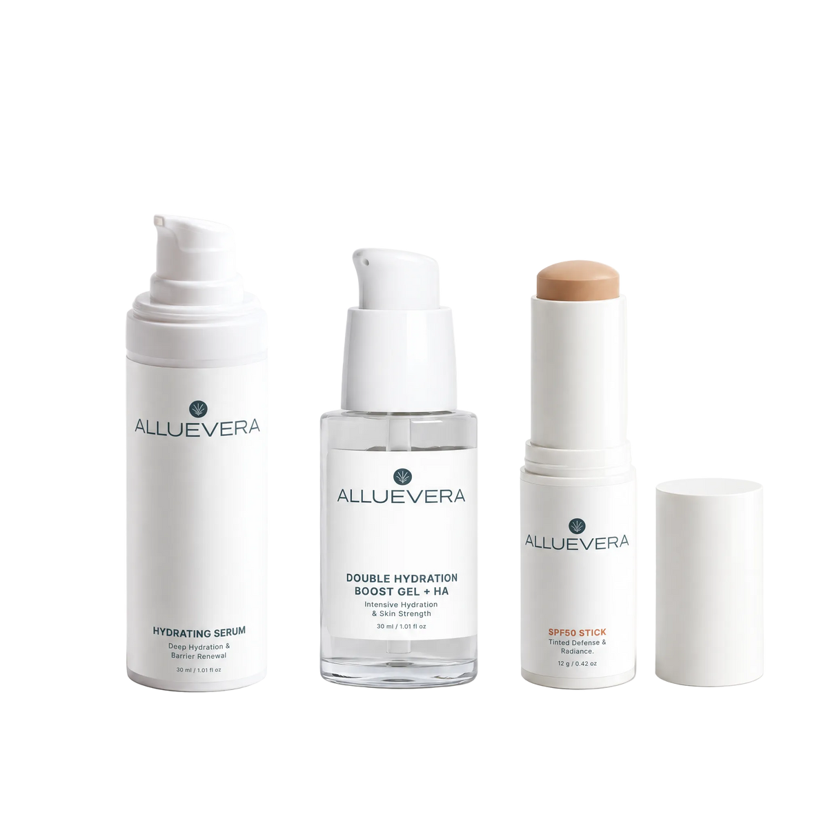 Four Alluevera skincare products arranged on a clean off-white background: a white pump bottle of Hydrating Serum, a clear bottle of Double Hydration Boost Gel + HA, a white tube of SPF Stick with a beige cap, and a separate white cap.