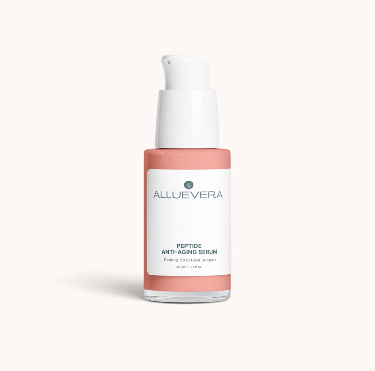 Alluevera Peptide Anti-Aging Serum in a clear bottle with a white pump dispenser and a coral pink label, set against a solid off-white background.