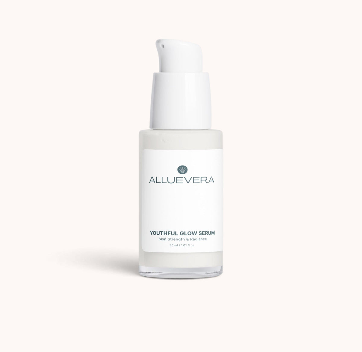 A clear glass bottle of Alluevera Youthful Glow Serum with a white pump dispenser and a white label, set against a solid off-white background.