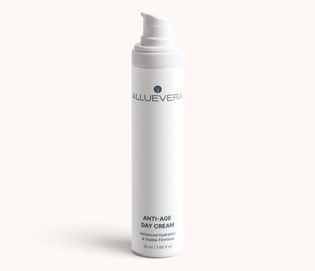 A white cylindrical pump bottle of Alluevera Anti-Age Day Cream, shown against a solid off-white background.