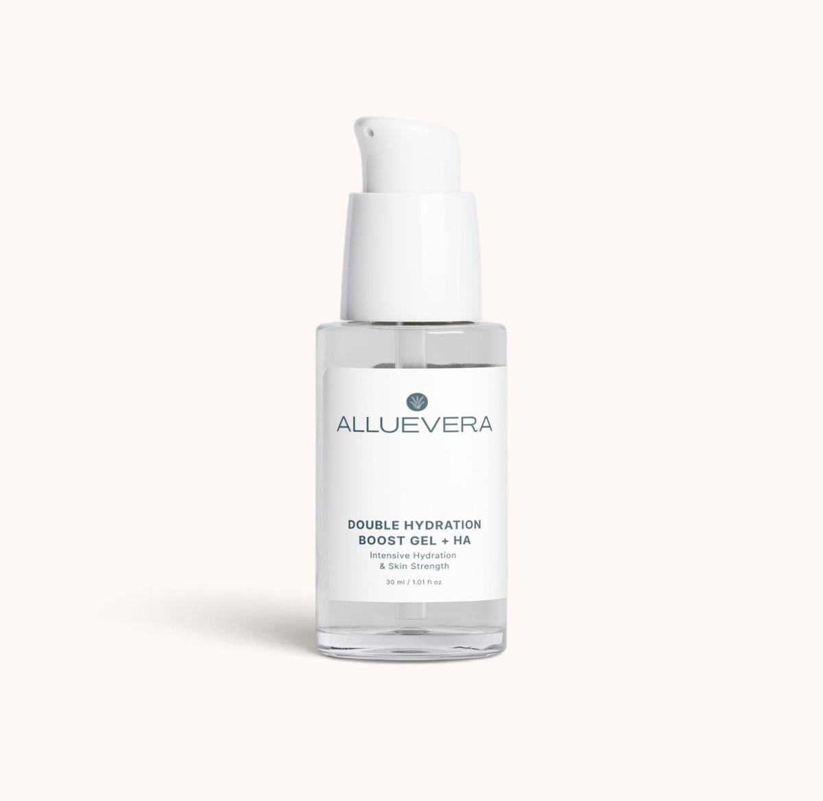 A clear glass bottle of Alluevera Double Hydration Boost Gel with a white pump dispenser, set against a solid off-white background.