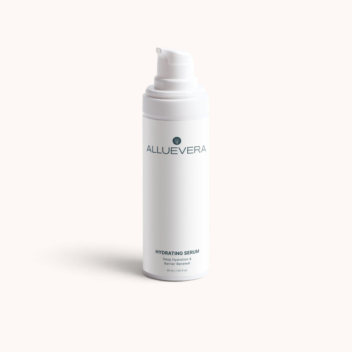 A white pump bottle of Alluevera Hydrating Serum with a minimalist design, set against a solid off-white background.